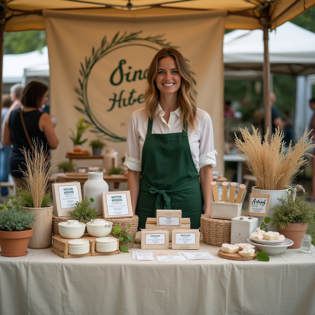 Stand de meșteșuguri la un târg cu produse artizanale